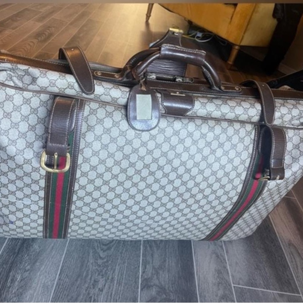 Vintage Gucci Beige Monogram suitcase with Brown Leather and Green-Red Web